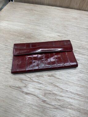 Vintage Eel Skin Wallet Reddish Burgundy Checkbook ID Zip Snap Closure 7x4
